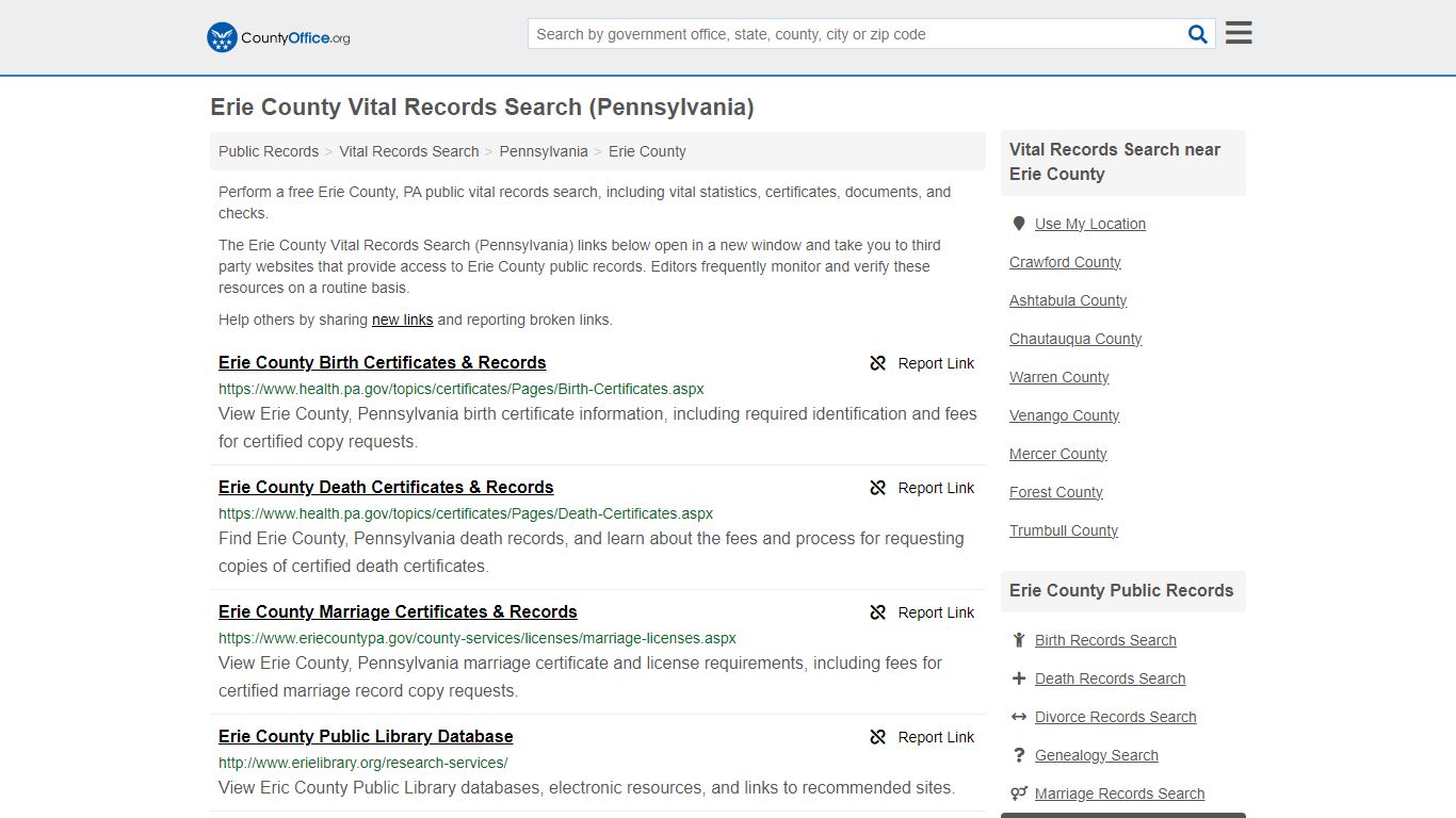 Vital Records Search - Erie County, PA (Birth, Death, Marriage ...