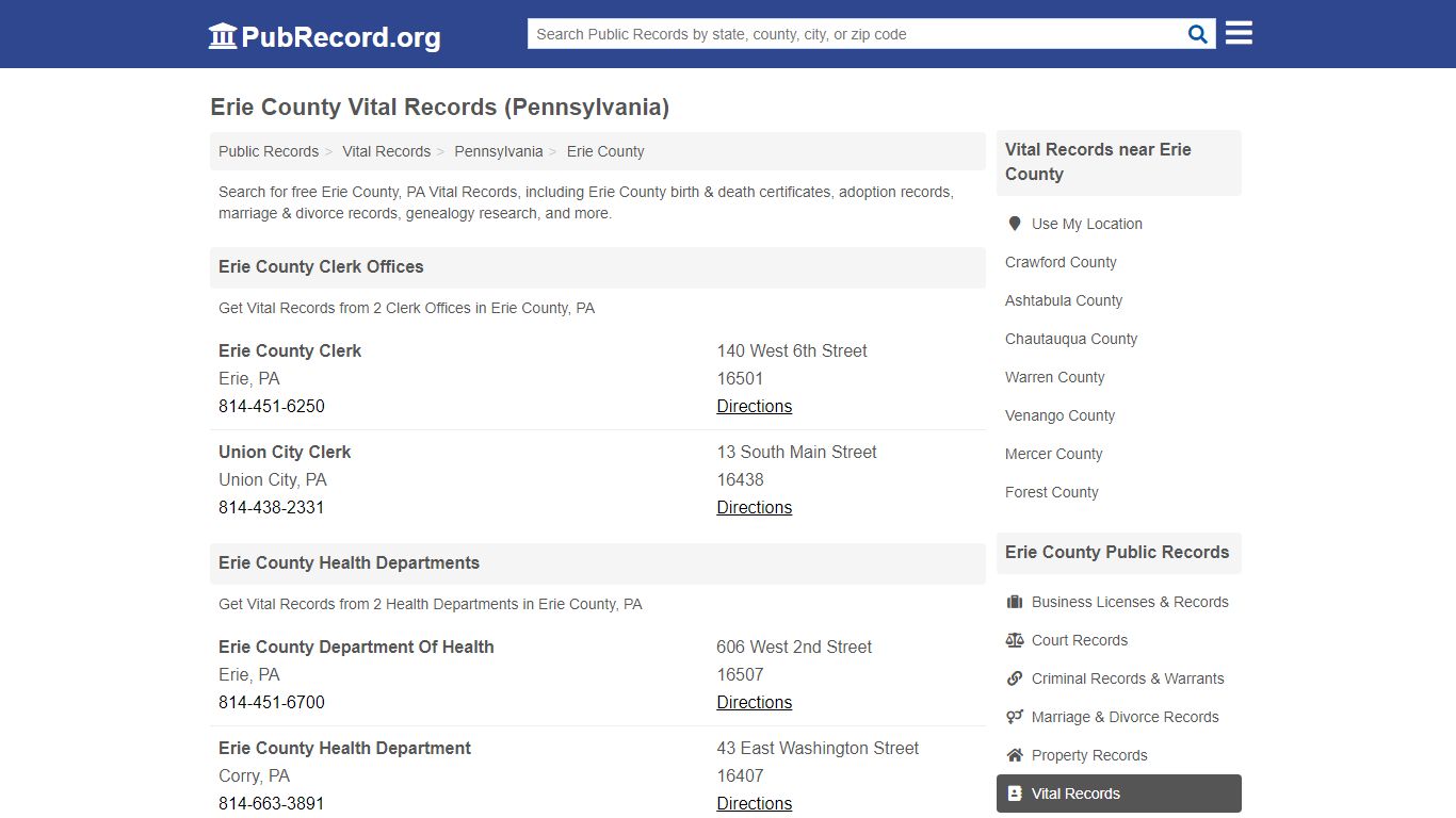 Free Erie County Vital Records (Pennsylvania Vital Records) - PubRecord.org